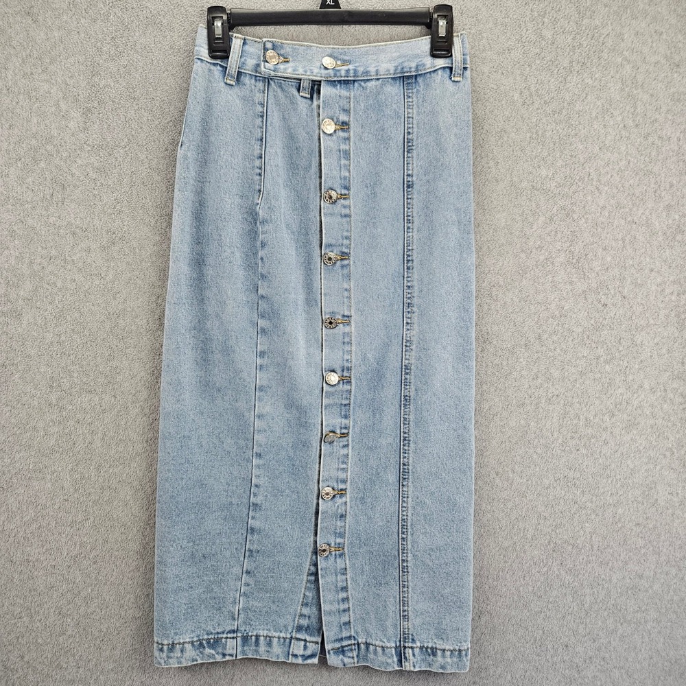 SHEIN Denim Skirt Women XS Blue Button Front High Rise Midi Casual Classic SEO
